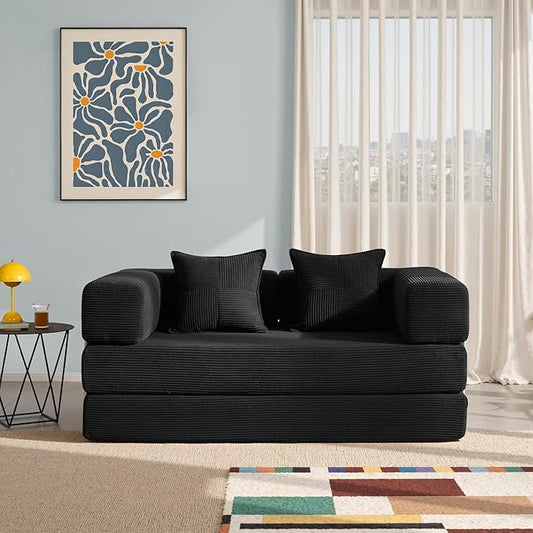 YINIX Foldable Sofa Bed, 62'' Folding Floor Couch, Compressed Convertable Sleeper Sofa, Memory Foam Couch with Pillow Back Support Armrest, 4-in-1 Futon Sofa Bed for Living Room, Black