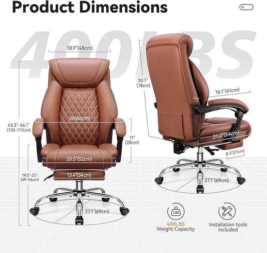 Office Chair, Executive Leather Chair Adjustable High Back, Ergonomic Computer Desk Chair Lumbar Support, Big and Tall Office Chair with Footrest, Comfy Reclining Chair for Home Office