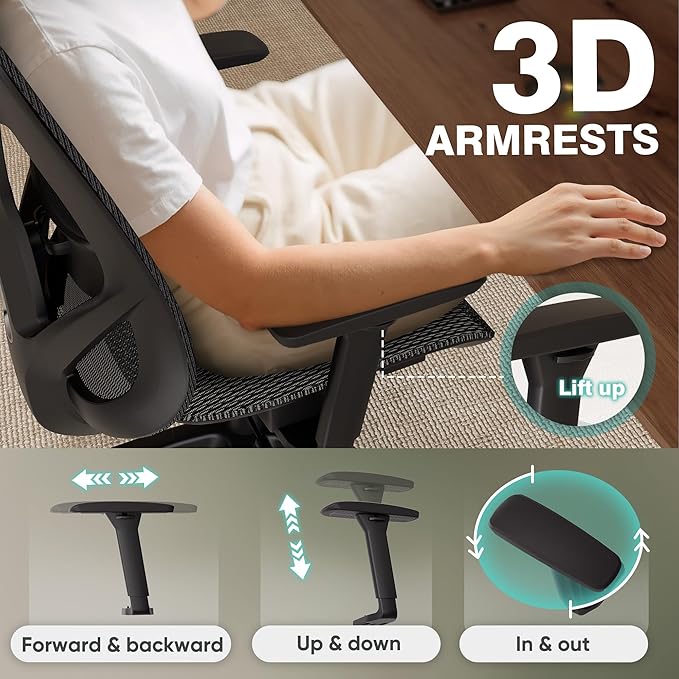 ELABEST T23 Ergonomic Office Chair with 2D Lumbar Support & 3D Headrest, High Back Mesh Swivel Chair with Adjustable 3D Armrests, Breathable Computer Desk Chair for Long Hour Sitting (Graphite Black)