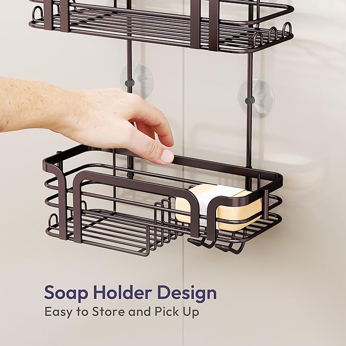 SWTYMIKI Shower Caddy Hanging Organizer - Over the Door Shower Caddy with Soap Holder, 11 Hooks, 2 Installation Ways, Stainless Steel Rustproof Bathroom Organizer, Bronze