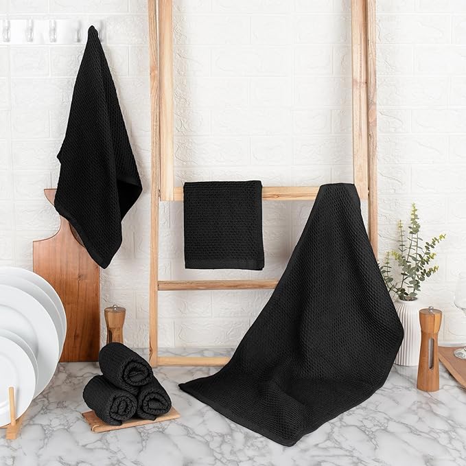 100% Cotton Waffle Weave Kitchen Dish Towels – Solid, Ultra Soft, Scratch-Free & Superb Absorbent - Quick Drying Cleaning Towels,Perfect disch Cloth 13 x 28-12 Pack, Black