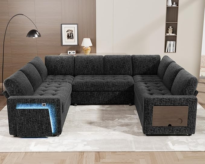 WEUP 8 Seat U Shaped Sectional Sleeper Sofa Bed with Pull Out Bed, Chenille Sectional Sleeper Couch with Adjustable Backrest, USB Ports, LED, Side Table, Tool-Free Assembly, Chenille Black