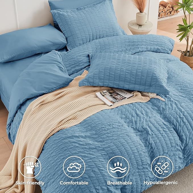 HYMOKEGE Mineral Blue Twin Comforter Set Seersucker 5 Pieces, All Season Luxury Bed in a Bag for Bedroom, Bedding Set with Comforter, Sheets, Pillowcase & Sham