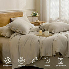 JELLYMONI Cotton Duvet Cover Full Size - Linen Gray Comforter Cover with Button 100% Washed Cotton 3PCS Breathable Soft Solid Bedding Set Duvet Cover 80×90in & 2 Pillowcases (NO Comforter)