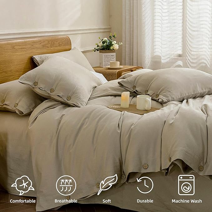 JELLYMONI Cotton Duvet Cover Cal King Size - Linen Gray Comforter Cover with Button 100% Washed Cotton 3PCS Breathable Soft Solid Bedding Set Duvet Cover 104×98in & 2 Pillowcases (NO Comforter)