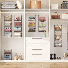 4 Tier Closet Hanging Organizer, Closet Organizers and Storage with 5 S Hooks, Closet Hanging Shelves & Freestanding Wire Storage Basket Bins, for Clothing Shoes Handbags Clutches Accessories Patent