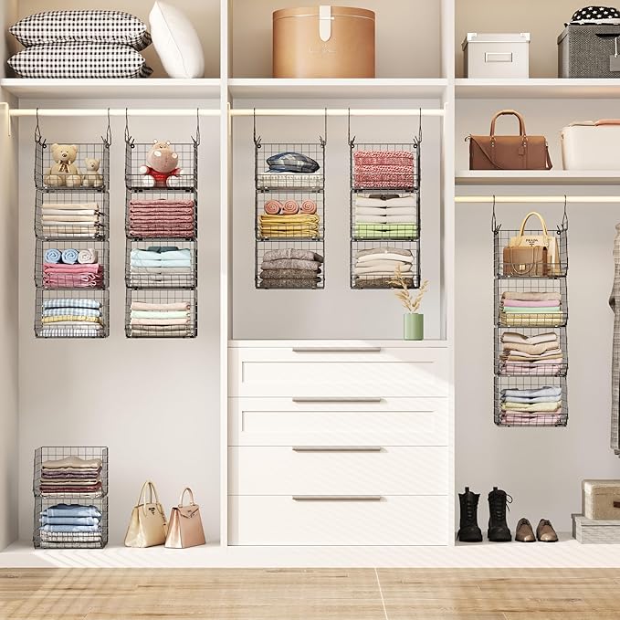 4 Tier Closet Hanging Organizer, Closet Organizers and Storage with 5 S Hooks, Closet Hanging Shelves & Freestanding Wire Storage Basket Bins, for Clothing Shoes Handbags Clutches Accessories Patent