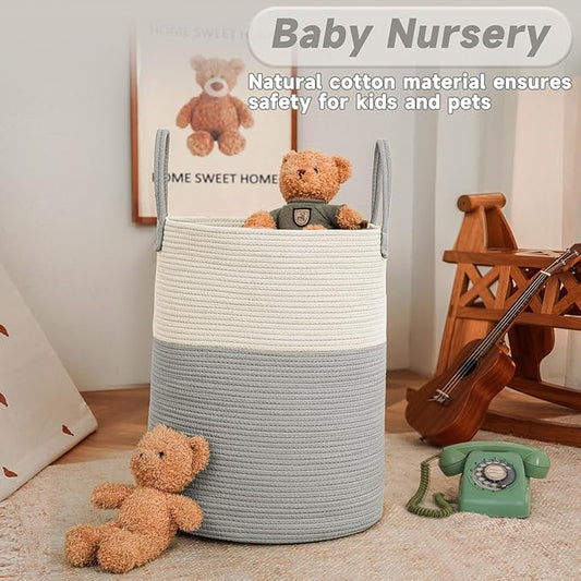 Large Woven Laundry Basket Hamper,100L Cotton Rope Storage Bin for Blankets,Toys and Clothes,Decorative Tall Nursery Hamper for Living Room,Baby Nursery,Bathroom and Bedroom,White and Grey