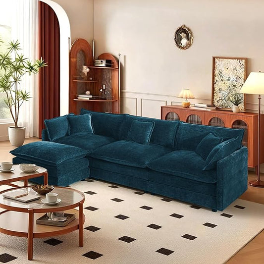 SoarFlash Chenille Sectional Sofa, Comfy L Shaped Modular Coush Sofa with Ottoman, Modern 3 Seat Couch Deep Seat Sofa Set for Living Room,Deep Blue