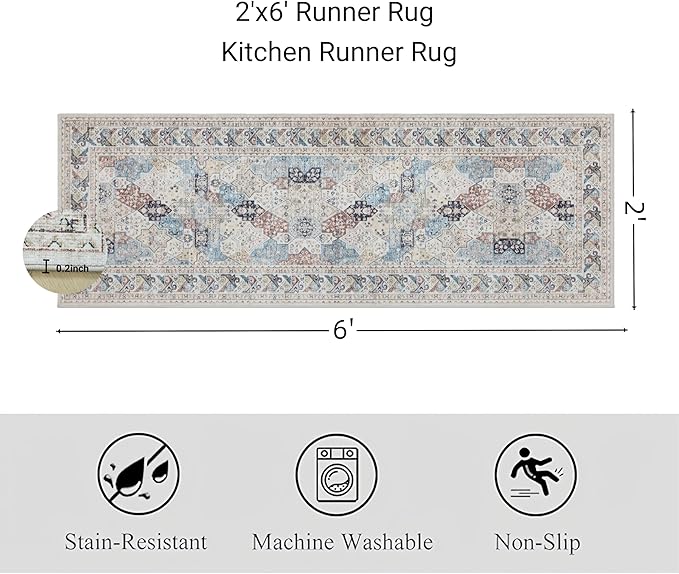 RCTJHOME 2'x6' Runner Rug for Hallway with 4 Non-Slip Tapes, Machine Washable Kitchen Boho Runner Rug, Distressed Bedroom Beside Rug, Laundry Room, Farmhouse Entryway Mat, Cream Beige Blue Colorful