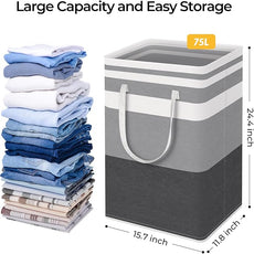 HomeHacks 2 Pack Large Laundry Baskets, Waterproof, Freestanding Laundry Hampers, Collapsible Clothes Hamper with Reinforced Handles in Laundry Room, College Dorm, Bathroom, Bedroom (Grey, 75Lx2)