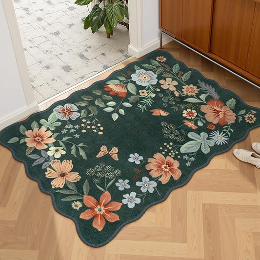 Lahome Floral Green Rugs for Entryway, 2X3 Washable Kitchen Rugs Non Slip Soft Rug, Ultra-Thin Indoor Door Mat Stain Resistant Boho Small Throw Carpet for Bathroom Bedroom(2x3ft, Dark Green)