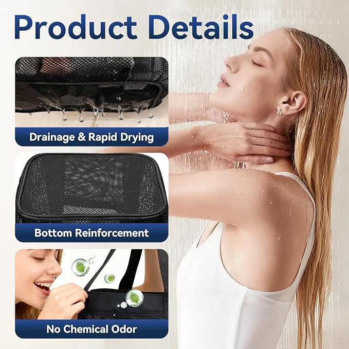 YASONIC Mesh Shower Caddy Portable for Dorm College Room Essentials, 8-Pocket Large Shower Bag with Double Handles, Hanging Shower Basket for Beach, Swimming, Bathroom, Beach, Camp, Gym, Black