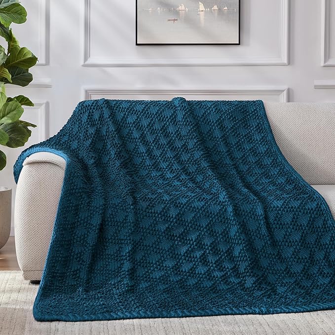Knitted Weighted Blanket for Adult, Chunky Knit Weighted Throw for Sleep 48"*72" 12lbs, Cooling Breathable Heavy Blanket for Hot Sleepers, Machine Washable Blanket for Room Decor(Peacock)