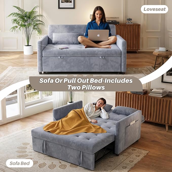 Sofa Bed, Loveseat 3-in-1 Sleeper Sofa with Pull Out Bed and USB, Modern Corduroy 2 Seater Convertible Small Couch for Living Room Bedroom Apartment, Gray