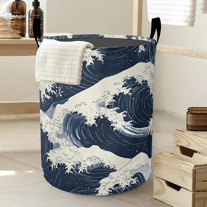 Japanese Style Waves Laundry Hamper Large Canvas Fabric Lightweight Storage Basket/Dirty Clothes Collapsible Waterproof for College Dorms, Boys and Girls Bedroom,Bathroom