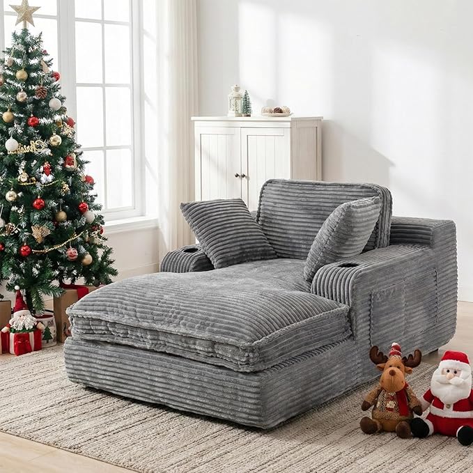 67" Oversized Chaise Lounge Chair Indoor, Soft Boneless Cloud Couch with 3 Pillows, 4 Side Pockets and 2 Cup Holders, Comfy Corduroy Sleeper Couch for Living Room Bedroom, Gray