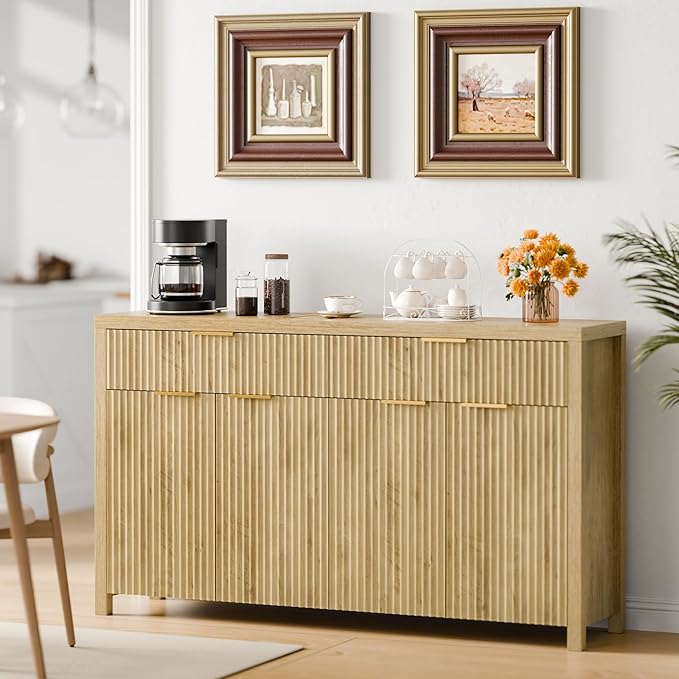 Lulive Fluted Buffet Cabinet with Storage 55 inch Wood Large Sideboard with Adjustable Shelves for Entryway Kitchen Living Room