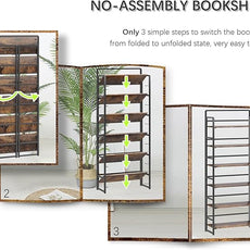 4NM No Assembly 6 Tiers Folding Bookshelf Storage Shelves Vintage Bookcase Standing Racks Study Organizer Home Office (Rustic Brown Black)
