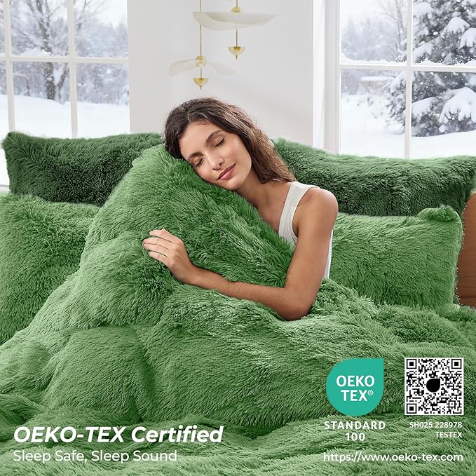 Sasttie 3-Piece Fluffy Duvet Cover Full, Ultra Soft Faux Fur and Velvet Dark Green Comforter Cover, Luxury Fuzzy Bedding Sets for Winter Bed, Includes 1 Duvet Cover and 2 Pillowcases, No Comforter