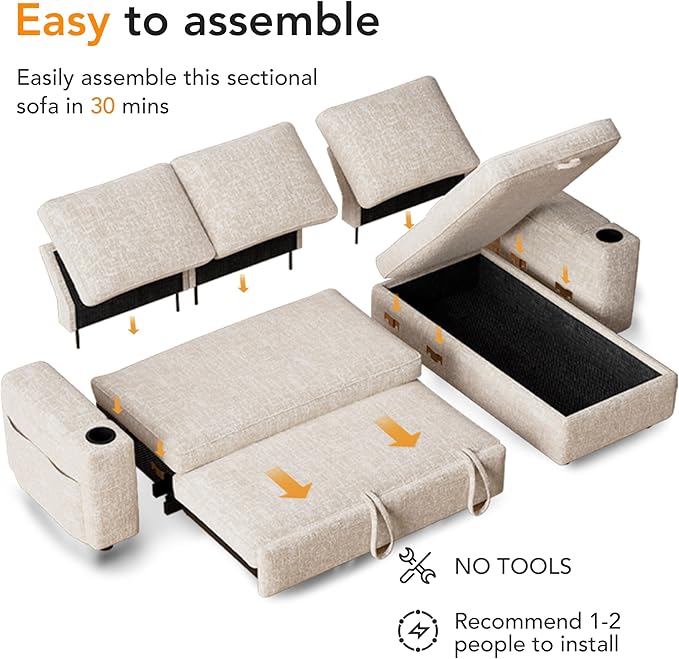 Sunny Heart L-Shaped Sleeper Sofa with Pull Out Bed, 82" Sectional Couch with Reclining Backrest, Reversible Storage Chaise, Armrest Storage, Cup Holders, Side Pockets, Tool-Free Assembly, Beige