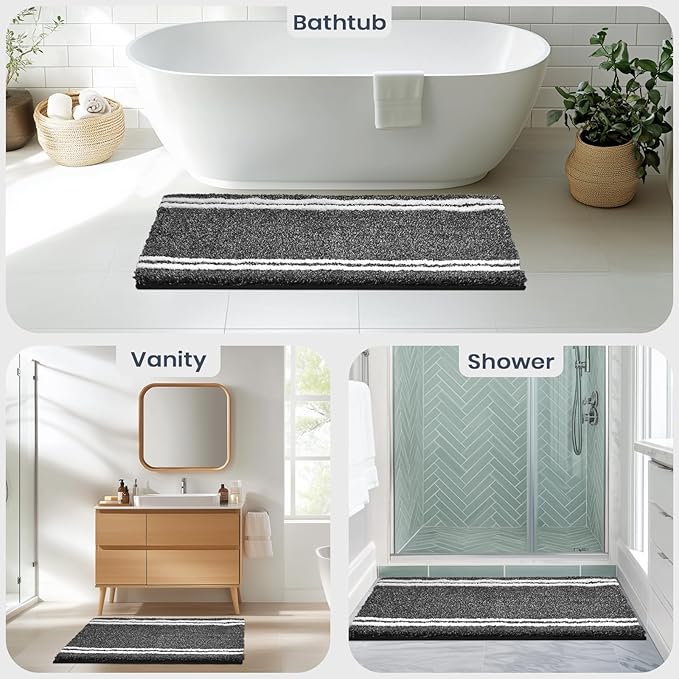 PURRUGS Bathroom Rug Non-Slip Machine Washable 20" x 30", Super Absorbent and Quick Dry Shaggy Microfiber Bath Mat, Extra Soft and Plush Bath Rug for Bathtub, Shower and Sink, Charcoal