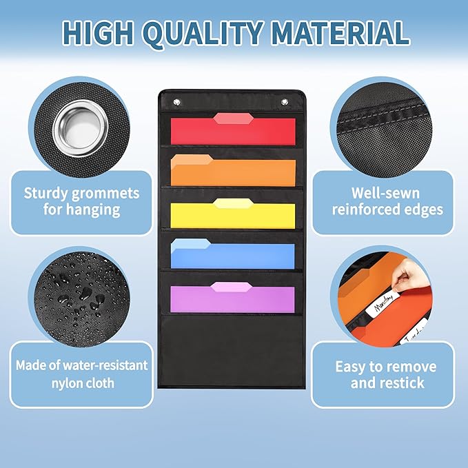 Annecy 5 Pockets Hanging Wall File Organizer, Black Storage Pocket Chart for File Folder and Paper, Space Saver for Office and Classroom, with Wall Hangers, Over The Door Hooks, Labels