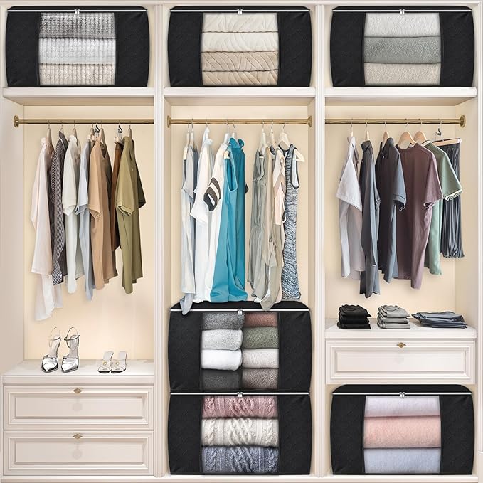 Fab totes 24 Gallons Clothes Storage, Foldable Thick Fabric Blanket Storage Bags, Containers for Organizing Bedroom, Closet, Clothing, Comforter, Organization with Handle (3 Pack,Black)