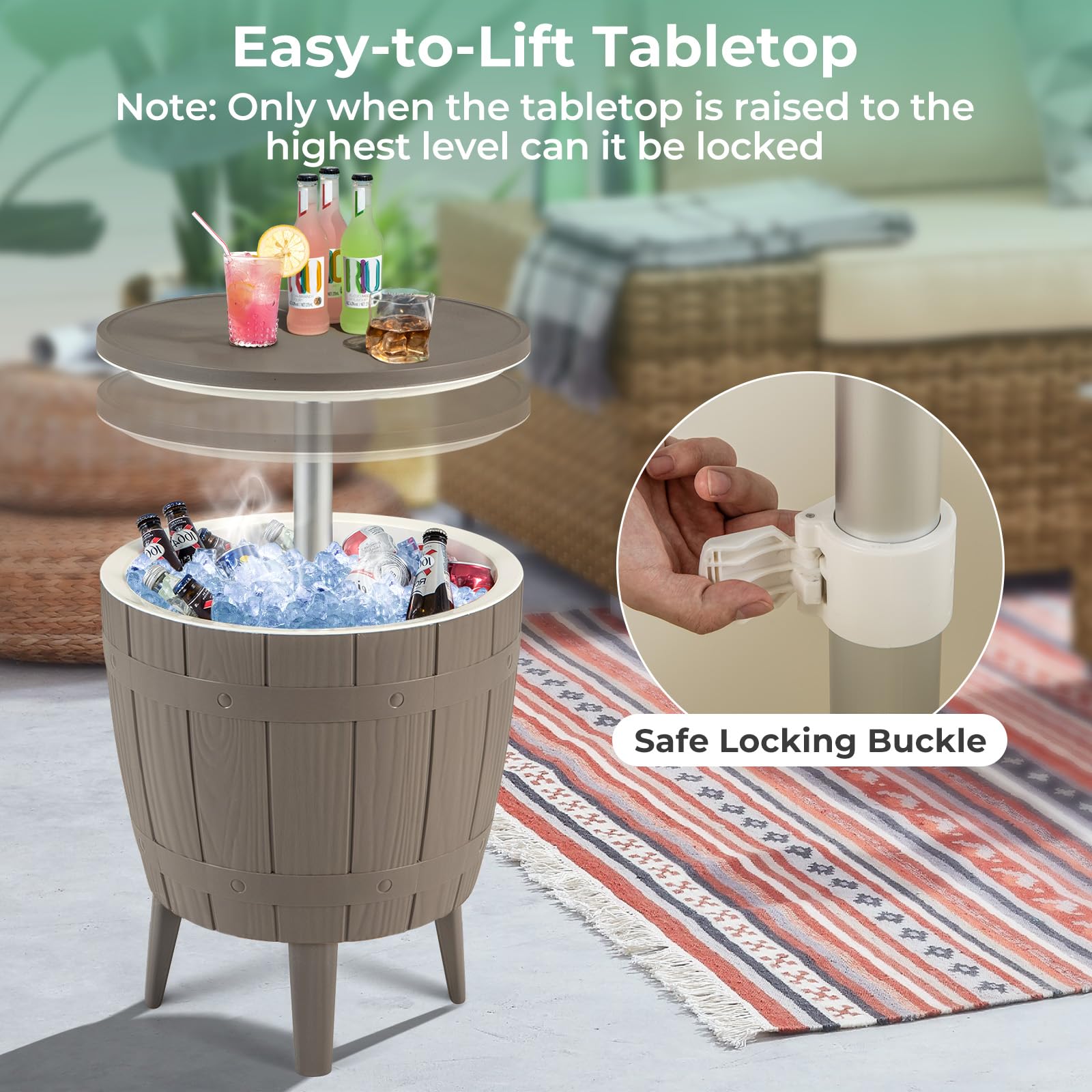 Giantex Cooler Side Table Outdoor, 10 Gallon Ice Cooler with Drainage Plug, Adjustable Height, 3-in-1 Cocktail Patio Par Table for Beer Wine Storage, Deck Pool Backyard Party, Taupe (Wood-Style)