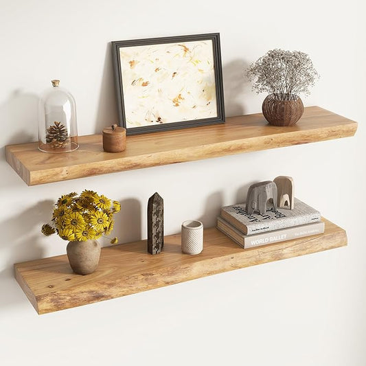 Live Edge Elm Floating Shelves for Wall Decor, Rustic Solid Wood Shevles Wall Mounted with Invisible Bracket for Living Room Bathroom Bedroom Kitchen, 36 Inch Set of 2, Natural