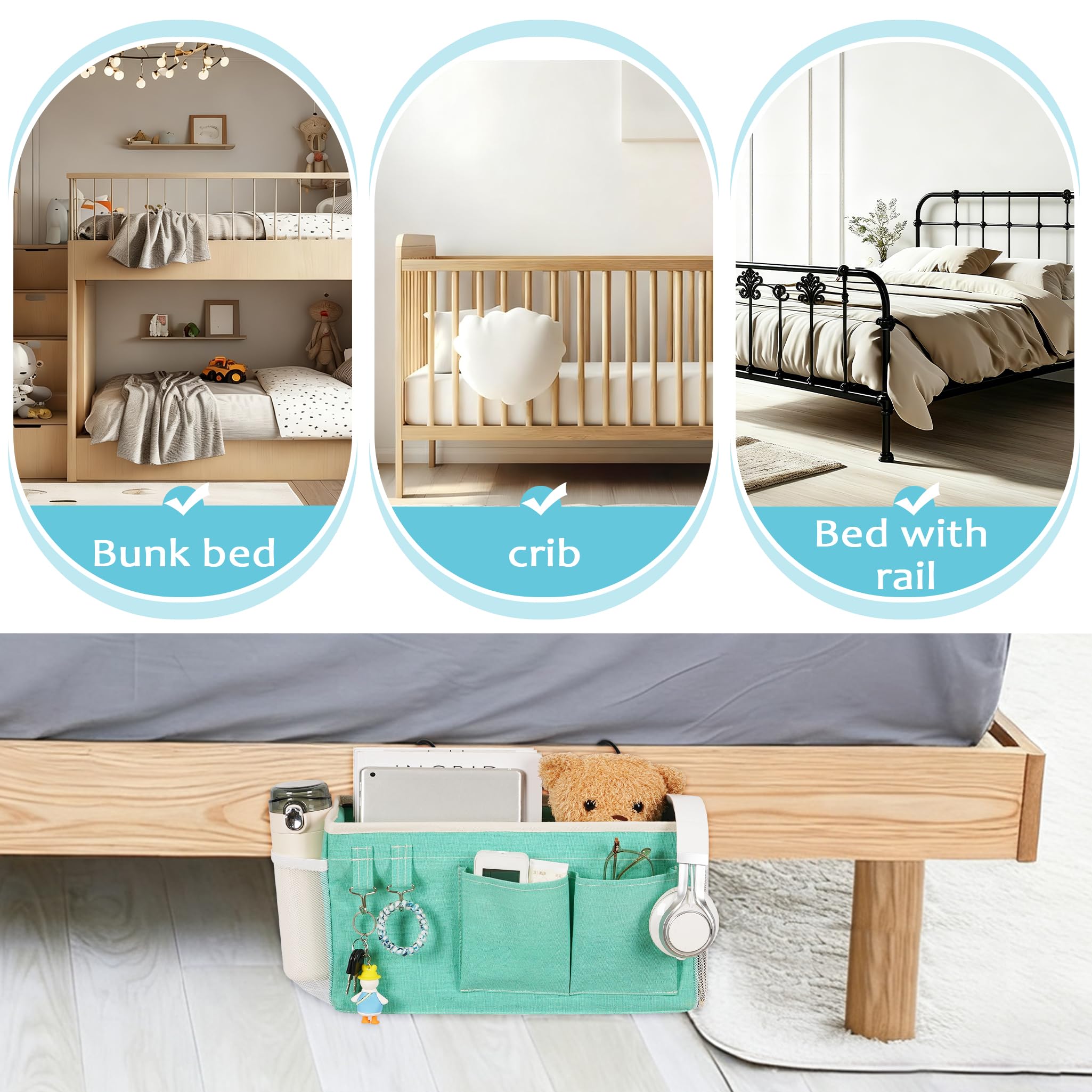 Loghot Bedside Caddy/Bedside Storage Bag Hanging Organizer for Bunk and Hospital Beds,Dorm Rooms Bed Rails,Can be Placed Glasses,Books,Mobile Phones,Keys (Light Pink) Dormly