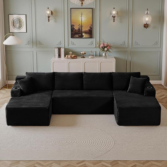 134''Oversized Modular Sectional Sofa Boneless Cloud Couch with Chaise Comfy Sectional Couches for Living Room,Bedroom,Apartment (Black, 134''W U-Shaped)