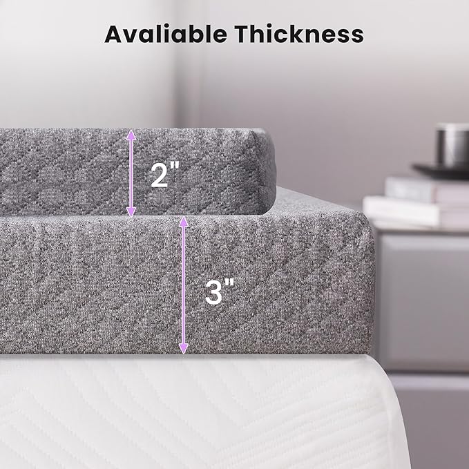 SINWEEK 2 Inch Gel Memory Foam Mattress Topper Queen Size, Pad for Back Pain, Bed Topper with Removable Soft Cover, CertiPUR-US Certified,Grey
