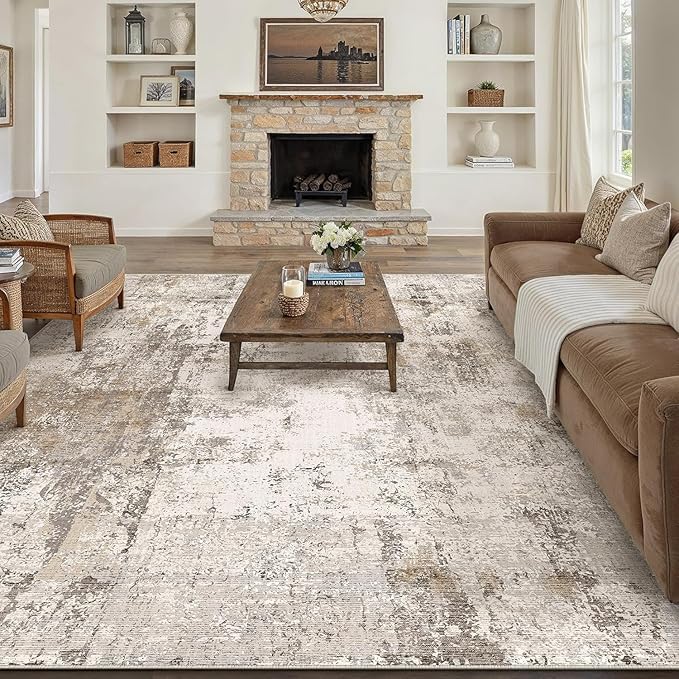 9x12 Area Rug Brown Grey Abstract Living Room Bedroom Washable Carpet Neutral Modern Non Slip Soft Low Pile Indoor Large Throw Rug for Dining Room Office