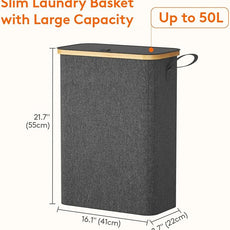 Lifewit 50L Slim Laundry Hamper with Lid, Narrow Laundry Basket with Removable Bag & Bamboo Handles, Fodable Thin Dirty Clothes Hamper for Laundry Collapsible Bin for Bathroom Bedroom Dorm, Dark Gray