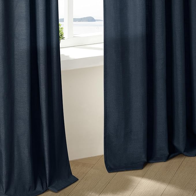 Navy Blue Pleated Linen Curtains 96 Inches Long for Living Room 2 Panel Set Semi Sheer Light Filtering Pinch Pleat with Rings Hooks Drapes Boho Farmhouse Dark Blue Indigo Curtain Bedroom Window