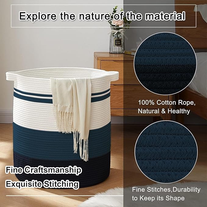 OIAHOMY 80L Laundry Baskets Hamper with Handles,Decorative Basket for Living room,Woven Storage Basket for Toys Bin,Pillows, Blankets,Clothes-20x18in-Gradient Blue