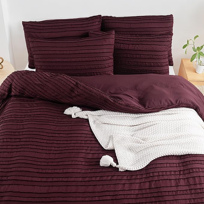 NEXHOME PRO California King Duvet Cover, Blue 3 Pieces Boho Tufted Duvet Cover Set, Soft and Lightweight Microfiber Comforter Cover Set (Burgundy,104 x 98)-No Comforter