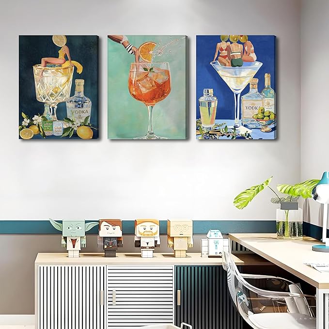 Vintage Cocktail Canvas Wall Art Set of 3, Retro Dirty Martini Bar Cart Wall Decor Paintings, Preppy Alcohol Aesthetic Posters Prints Pictures for Bar College Girls Apartment Dorm 12x16 Inch Framed