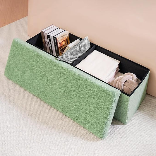 PINPLUS Storage Ottoman Bench Sherpa Ottoman Foot Rest, Foldable Boucle Ottomans Large Storage Box Entryway Bench for Dorm, Green 43.3'' x 15'' x 15''