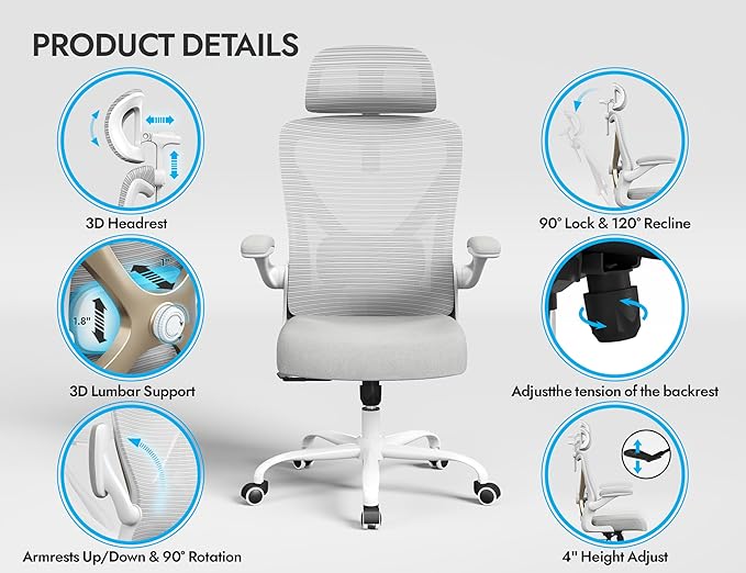 Ergonomic Office Chair-Computer Desk Chairs Comfy, Mesh High-Back Gaming Chair with Adjustable Lumbar Support & Headrest, Executive Task Chair for Adults, Comfortable for Long Hours (Gold)
