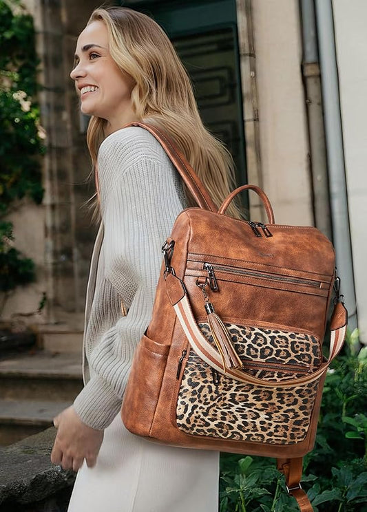 Shrrie 15.6 inch Laptop Backpack for Women,Large Leather Purse,Travel Backpacks Carry on,Water Resistant Casual Laptop Backpacks,College Backpack,Work Backpack for Women,Two-tone Camel Brown
