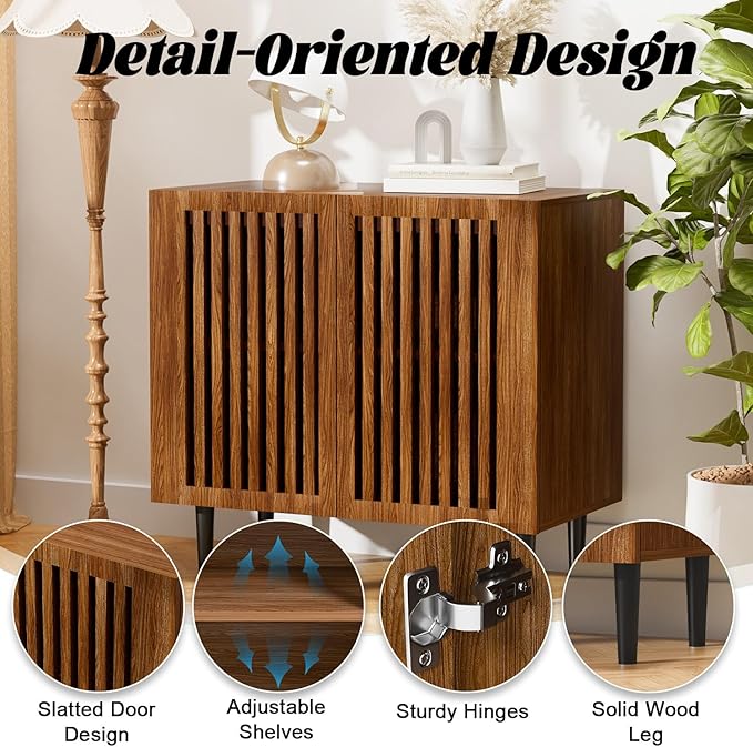 CHUWELL Farmhouse Storage Cabinet Set of 2, 63" Buffet Cabinet with 4 Doors and Adjustable Shelf, Sideboard Coffee Bar with Solid Wood Feet for Kitchen,Dining Room,Living Room,Brown