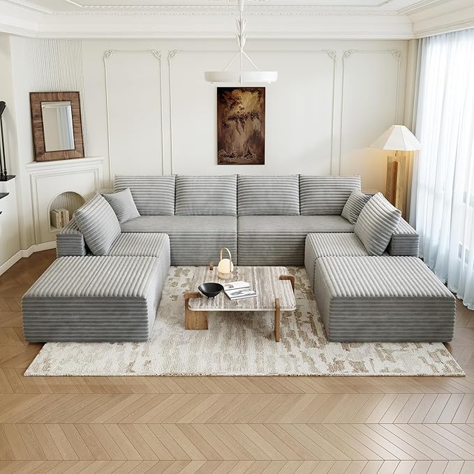139.4" Modular Sectional Sofa Couch, Oversized U-Shaped Minimalist Couches with 2 Ottomans Chaise and 2 Middle Seats, Modern Deep Seat Cloud Plush Corduroy Sofas Set for Living Room, 8 Seater, Grey