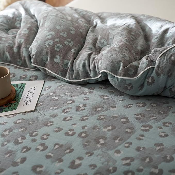 MKXI Double Layer Muslin Cotton Comforter Set Queen Size Leopard Print Shabby Chic Bedding Comforter Set Soft Breathable Grey and Green Floral Animal Cheetah Lightweight Bed Comforter for All Season