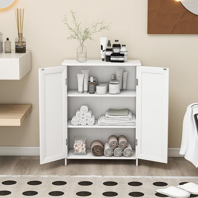 Bathroom Storage Floor Cabinet Freestanding Organizer with Adjustable Shelves for Bathroom Laundry Room,2 Doors