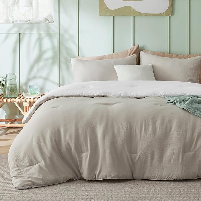 Bedsure Twin/Twin XL Comforter Set, Reversible Beige Soft Prewashed Bedding for All Seasons, 2 Pieces Warm Down Alternative Bed Set, 1 Lightweight Comforter (68"x88") and 1 Pillowcase