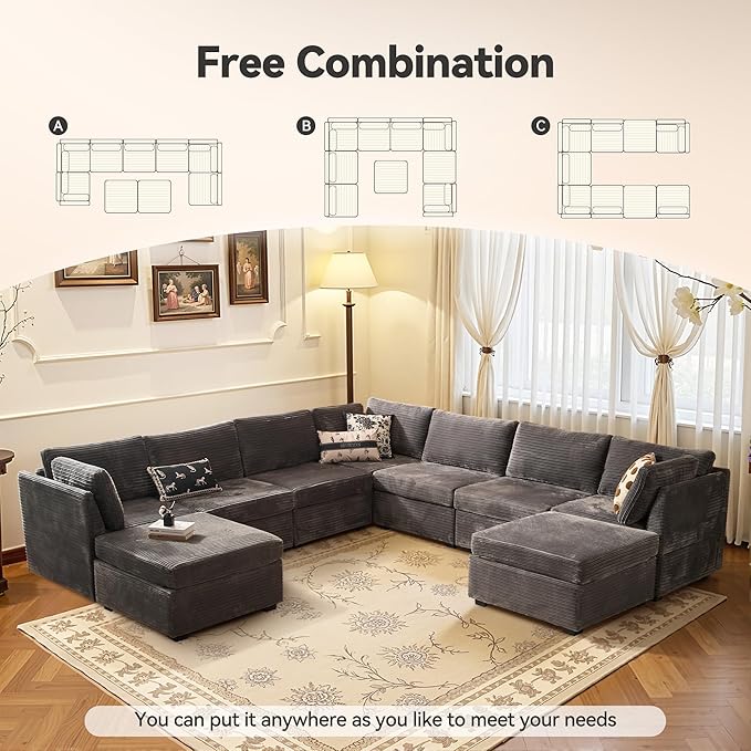 Large 9 Seat Modular Sectional Sofa with Ottoman Seat Corduroy Sleeper Sectional Sofa Bed Oversized Convertible Modular Couch for Living Room