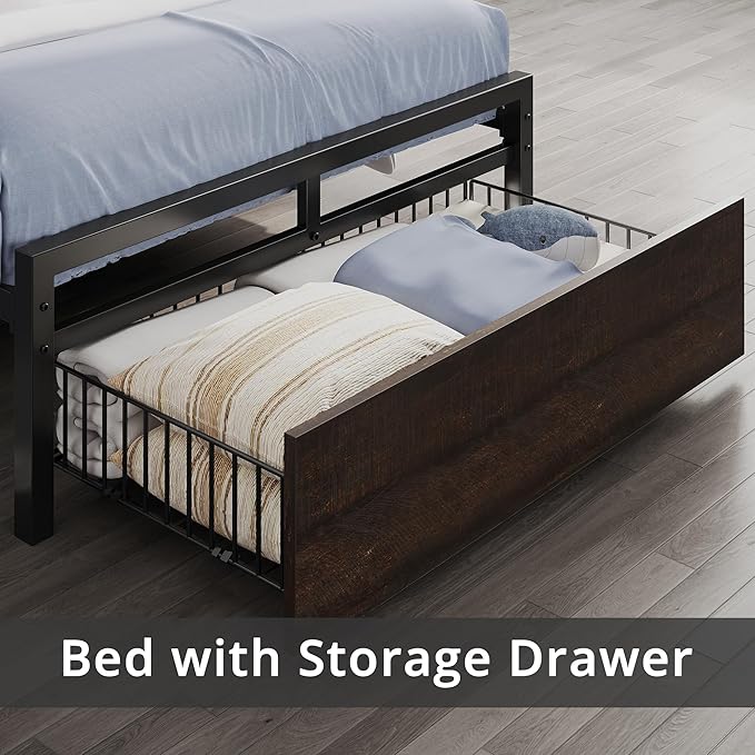 LIKIMIO Twin XL Bed Frames with Drawer, Storage Headboard with Outlets, No Box Spring Needed, Easy Assembly, Dark Brown