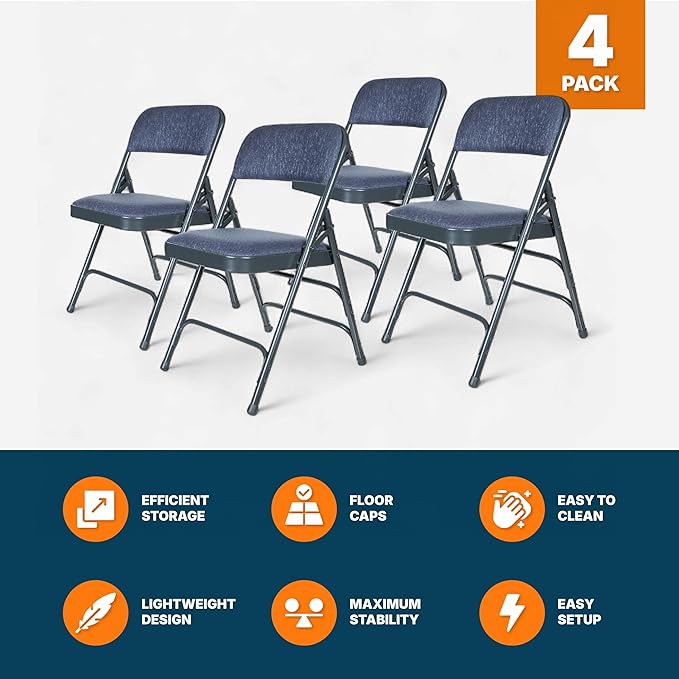 OEF Furnishings OEF2300 Series Heavy-Duty Premium Fabric Padded Upholstery Double-Hinged Triple-Braced Folding Chairs (4-Pack, Midnight Blue)